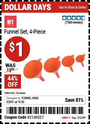 Buy the HFT Funnel Set, 4-Piece (Item 744/61941) for $1, valid through 7/2/2025.