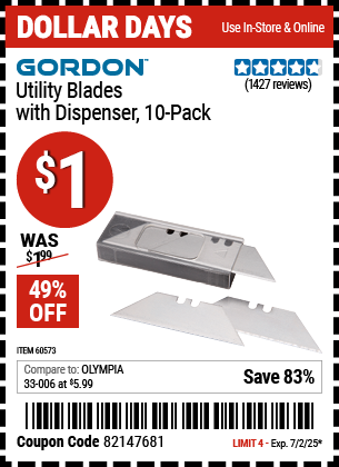 Buy the GORDON Utility Blades with Dispenser, 10-Pack (Item 60573) for $1, valid through 7/2/2025.