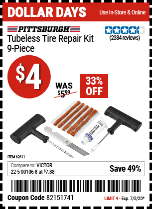 Buy the PITTSBURGH AUTOMOTIVE Tubeless Tire Repair Kit, 9-Piece (Item 62611) for $4, valid through 7/2/2025.