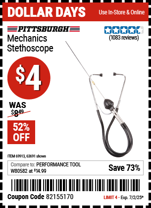 Buy the PITTSBURGH AUTOMOTIVE Mechanics Stethoscope (Item 63691/69913) for $4, valid through 7/2/2025.