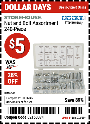 Buy the STOREHOUSE Nut and Bolt Assortment, 240-Piece (Item 67532) for $5, valid through 7/2/2025.