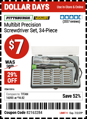 Buy the PITTSBURGH Multibit Precision Screwdriver Set, 34-Piece (Item 93916) for $7, valid through 7/2/2025.