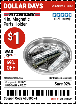 Buy the PITTSBURGH 4 in. Magnetic Parts Holder (Item 90566/62535) for $1, valid through 7/16/2025.
