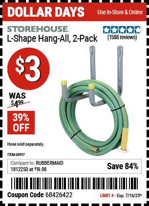 Buy the STOREHOUSE L-Shape Hang-All, 2-Pack (Item 68997) for $3, valid through 7/16/2025.