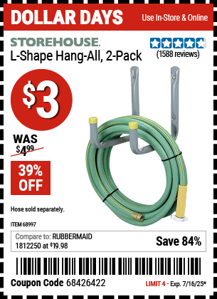 Buy the STOREHOUSE L-Shape Hang-All, 2-Pack (Item 68997) for $3, valid through 7/16/2025.