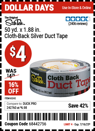 Buy the STIKTEK 50 yd. x 1.88 in. Cloth-Back Silver Duct Tape (Item 63242) for $4, valid through 7/16/2025.