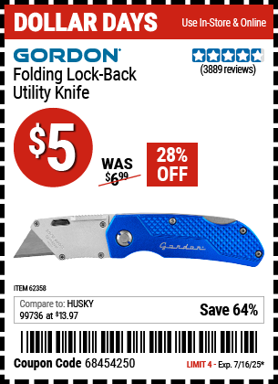 Buy the GORDON Folding Lock-Back Utility Knife (Item 62358) for $5, valid through 7/16/2025.