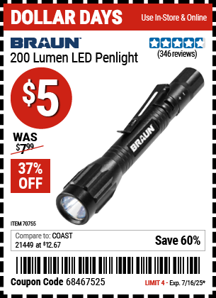 Buy the BRAUN 200 Lumen LED Penlight (Item 70755) for $5, valid through 7/16/2025.