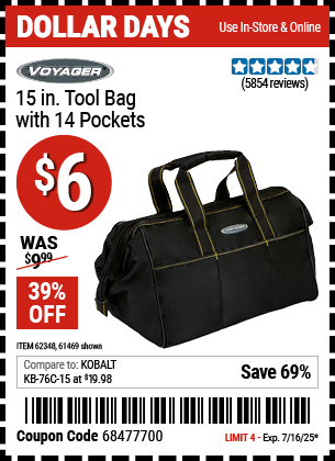 Buy the VOYAGER 15 in. Tool Bag with 14 Pockets (Item 61469/62348) for $6, valid through 7/16/2025.