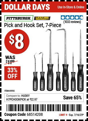 Buy the PITTSBURGH Pick and Hook Set, 7-Piece (Item 69592) for $8, valid through 7/16/2025.