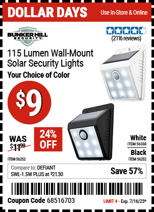 Buy the BUNKER HILL SECURITY 115 Lumen Wall-Mount Solar Security Light (Item 56252/56330) for $9, valid through 7/16/2025.