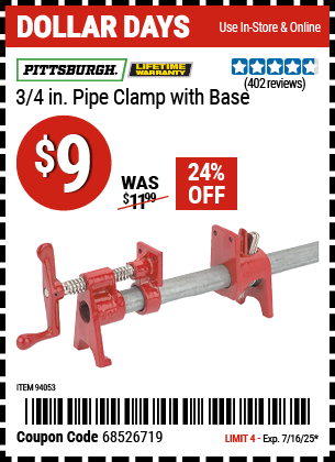 Buy the PITTSBURGH 3/4 in. Pipe Clamp with Base (Item 94053) for $9, valid through 7/16/2025.