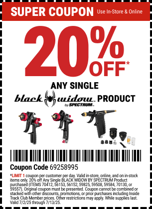 20% Off Any Single BLACK WIDOW BY SPECTRUM Product, valid through 7/13/2025.