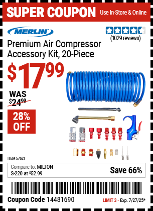 Buy the MERLIN Premium Air Compressor Accessory Kit, 20-Piece (Item 57621) for $17.99, valid through 7/27/2025.