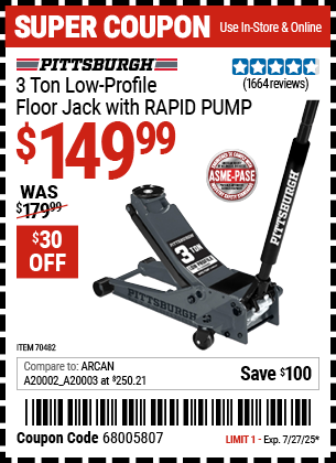 Buy the PITTSBURGH 3 Ton Low-Profile Floor Jack with RAPID PUMP, Slate Gray (Item 70482) for $149.99, valid through 7/27/2025.