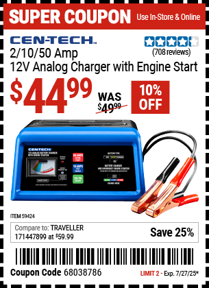 Buy the CEN-TECH 2/10/50 Amp, 12V Analog Charger with Engine Start (Item 59424) for $44.99, valid through 7/27/2025.