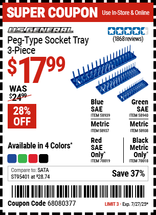 Buy the U.S. GENERAL Peg-Type Socket Tray, 3-Piece (Item 58937/58938/58939/58940/70018/70019) for $17.99, valid through 7/27/2025.