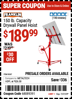 Buy the FRANKLIN 150 lb. Capacity Drywall Panel Hoist (Item 58307) for $189.99, valid through 7/27/2025.
