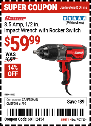 Buy the BAUER 8.5 Amp, 1/2 in. Impact Wrench with Rocker Switch (Item 64120) for $59.99, valid through 7/27/2025.