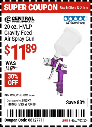 Buy the CENTRAL PNEUMATIC 20 oz. HVLP Gravity-Feed Air Spray Gun (Item 62300/47016/67181) for $11.89, valid through 7/27/2025.