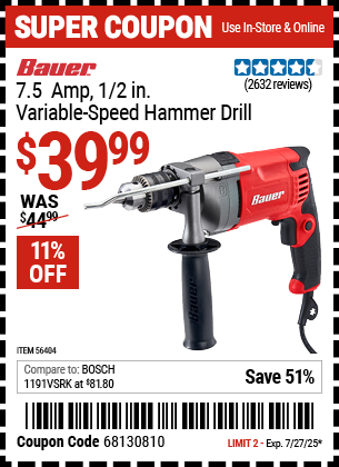 Buy the BAUER 7.5 Amp 1/2 in. Variable-Speed Hammer Drill (Item 56404) for $39.99, valid through 7/27/2025.