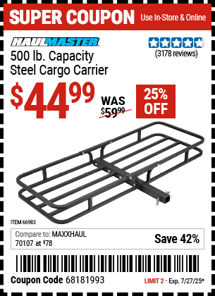 Buy the HAUL-MASTER 500 lb. Capacity Steel Cargo Carrier (Item 66983) for $44.99, valid through 7/27/2025.