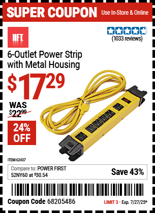 Buy the HFT 6-Outlet Power Strip with Metal Housing, Yellow (Item 62437) for $17.29, valid through 7/27/2025.