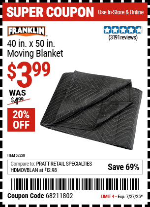 Buy the FRANKLIN 40 in. x 50 in. Moving Blanket (Item 58328) for $3.99, valid through 7/27/2025.