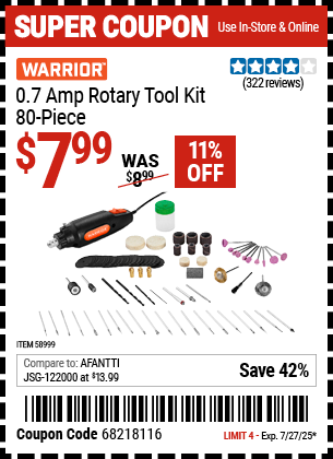 Buy the WARRIOR 0.7 Amp Rotary Tool Kit, 80-Piece (Item 58999) for $7.99, valid through 7/27/2025.