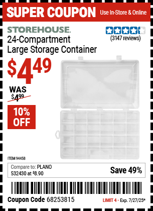 Buy the STOREHOUSE 24 Compartment Large Storage Container (Item 94458) for $4.49, valid through 7/27/2025.