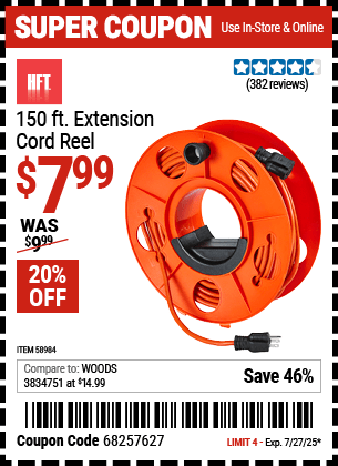 Buy the HFT 150 ft. Extension Cord Reel (Item 58984) for $7.99, valid through 7/27/2025.