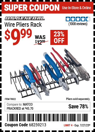 Buy the U.S. GENERAL Wire Pliers Rack (Item 70022) for $9.99, valid through 7/27/2025.