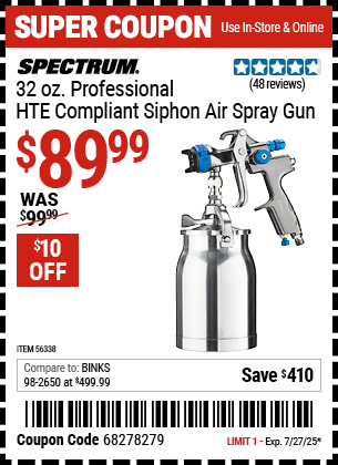 Buy the SPECTRUM 32 oz. Professional HTE Compliant Siphon Air Spray Gun (Item 56338) for $89.99, valid through 7/27/2025.