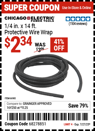 Buy the CHICAGO ELECTRIC 1/4 in. x 14 ft. Protective Wire Wrap (Item 66985) for $2.34, valid through 7/27/2025.