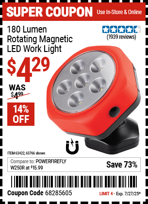 Buy the 180 Lumen Rotating Magnetic LED Work Light (Item 63766/63422) for $4.29, valid through 7/27/2025.