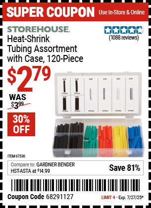Buy the STOREHOUSE Heat-Shrink Tubing Assortment with Case, 120-Piece (Item 67530) for $2.79, valid through 7/27/2025.