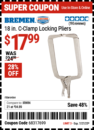 Buy the BREMEN 18 in. C-Clamp Locking Pliers (Item 64564) for $17.99, valid through 7/27/2025.