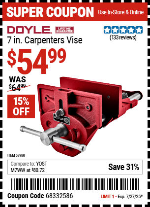 Buy the DOYLE 7 in. Carpenters Vise (Item 58980) for $54.99, valid through 7/27/2025.