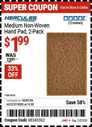Buy the HERCULES Medium Non-Woven Hand Pad, 2-Pack (Item 70463) for $1.99, valid through 7/27/2025.