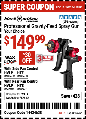 Buy the BLACK WIDOW BY SPECTRUM Professional Gravity-Feed Spray Gun with Fan Control (Item 56152/56153/59825/70412) for $149.99, valid through 8/17/2025.