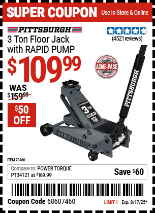 Buy the PITTSBURGH 3 Ton Floor Jack with RAPID PUMP, Slate Gray (Item 70486) for $109.99, valid through 8/17/2025.