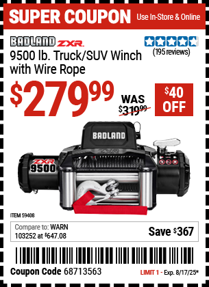 Buy the BADLAND ZXR 9500 lb. Truck/SUV Winch with Wire Rope (Item 59408) for $279.99, valid through 8/17/2025.