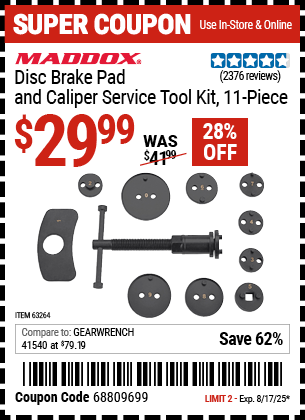 Buy the MADDOX Disc Brake Pad and Caliper Service Tool Kit, 11-Piece (Item 63264) for $29.99, valid through 8/17/2025.