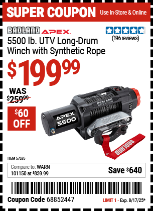 Buy the BADLAND APEX 5500 lb. UTV Long-Drum Winch with Synthetic Rope (Item 57535) for $199.99, valid through 8/17/2025.