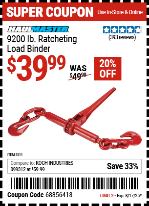 Buy the HAUL-MASTER 9200 lb. Ratcheting Load Binder (Item 05511) for $39.99, valid through 8/17/2025.