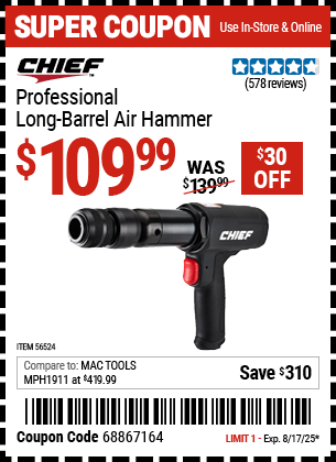 Buy the CHIEF Professional Long-Barrel Air Hammer (Item 56524) for $109.99, valid through 8/17/2025.
