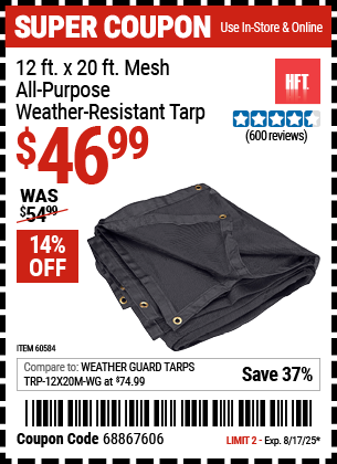 Buy the HFT 12 ft. x 20 ft. Mesh All-Purpose/Weather-Resistant Tarp (Item 60584) for $46.99, valid through 8/17/2025.
