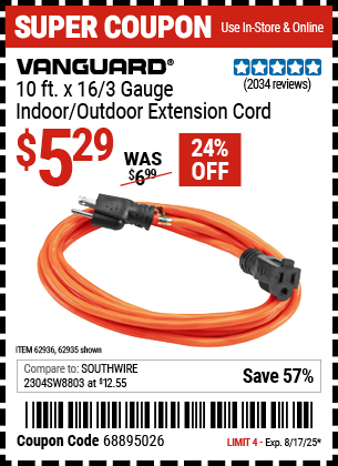 Buy the VANGUARD 10 ft. x 16/3 Gauge Indoor/Outdoor Extension Cord, Orange (Item 62935/62936) for $5.29, valid through 8/17/2025.