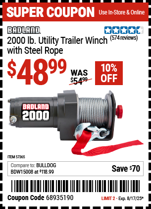 Buy the BADLAND 2000 lb. Utility Trailer Winch with Steel Rope (Item 57365) for $48.99, valid through 8/17/2025.