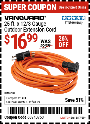 Buy the VANGUARD 25 ft. x 12/3 Gauge Outdoor Extension Cord, Orange (Item 62948) for $16.99, valid through 8/17/2025.